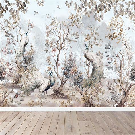 Behang met een oosterse tuin en botanische elementen