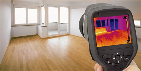 Monteur die met een infraroodcamera de vloer inspecteert op temperatuurverschillen.