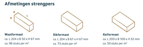Illustratie van verschillende formaten gebakken klinkers met hun afmetingen.
