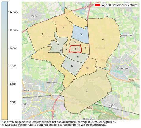 Kaart van Oosterhout met gebieden: Centrum, Den Hout, Dorst, Dommelbergen
