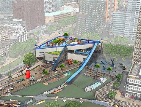 Schematische weergave van de Rotterdam Rooftop Roetsj, die vanaf het dak van het Maritiem Museum naar beneden loopt.
