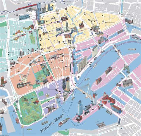 Informatieve kaart van Rotterdam met de locaties van de verschillende toegankelijke daken tijdens de Rotterdamse Dakendagen.
