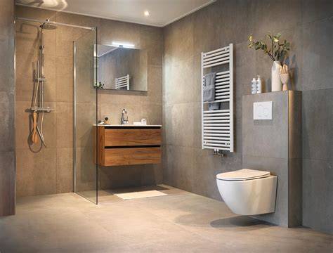 Afbeelding van een badkamer met herwerkte tegelvloer en kleurverf op tegels