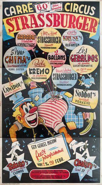Affiche ontworpen door Tom Manders voor het Kerstprogramma van Circus Strassburger, circa 1948