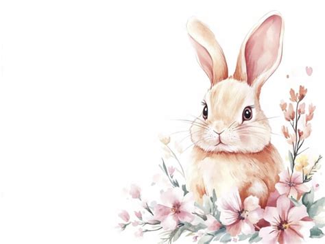 Gedetailleerde illustratie van een schattig konijntje omringd door zachte pastelkleurige bloemen.