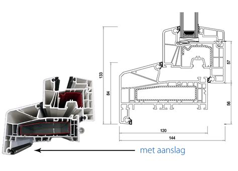 Doorsnede van een aluminium kozijn met draaikiepraam en zijlichten, met focus op de profielen en glasopbouw.