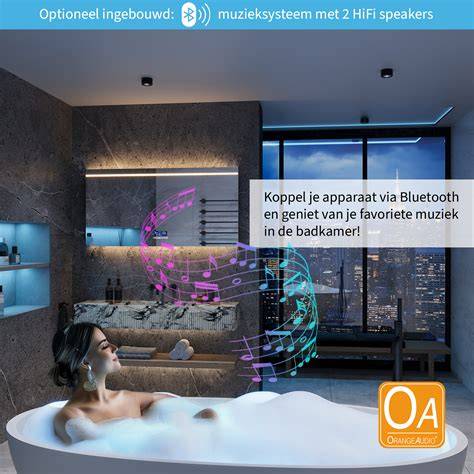 Foto van een badkamer met Bluetooth spiegel en speakers
