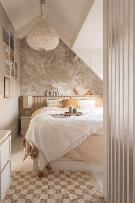 Afbeelding: slaapkamer met romantisch behang en zachte textiles