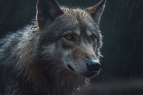 Een majestueuze wolf die recht in de camera kijkt, met een bosrijke achtergrond