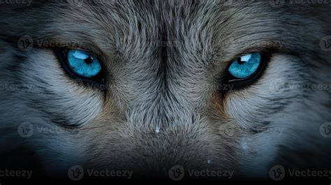 Close-up portret van een wolf met intense ogen en gedetailleerd vacht, tegen een donkere achtergrond