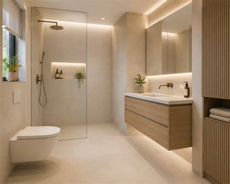 Kleuren- en materiaalvoorbeelden voor een rustige kleine badkamer