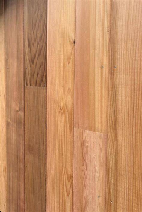 Kleur- en textuurvoorbeelden van Western Red Cedar en Yellow Cedar in diverse afwerkingen