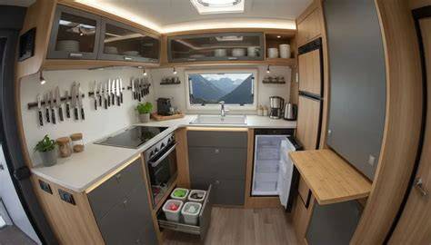 Diagram van mogelijke indeling in een Astro camper: keuken, bed en zittenplaatsen