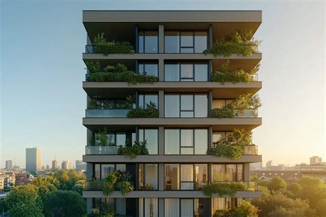 Artistieke impressie van een modern appartementencomplex in Rotterdam met klassieke gevelaccenten en groene balkons.