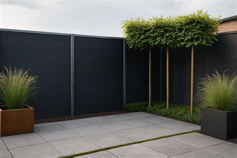Illustratie van een moderne tuin met een strakke aluminium schutting.