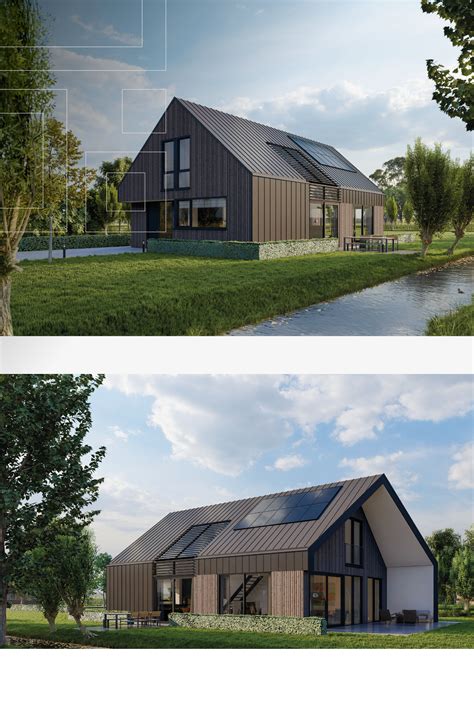 Artistieke impressie van een Lofthome met grote glaspartijen en een moderne uitstraling, gelegen aan het water.