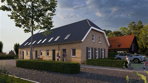 Visualisatie van de compacte houten huurwoningen aan het Noordeinde, met een hofstructuur en groenaanleg.
