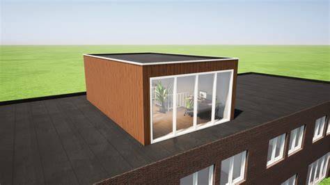 Foto van een moderne uitbouw met plat dak en dakterras