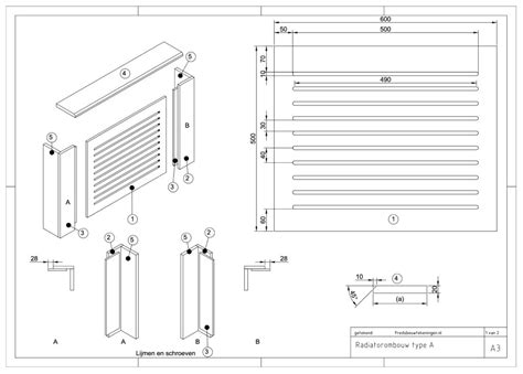 Schema: Onderdelen en afmetingen van een radiatorombouw