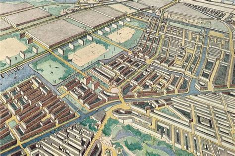 Vogelvlucht van de Westelijke Tuinsteden, gezien vanuit het zuidoosten, als onderdeel van het Algemeen Uitbreidingsplan van Amsterdam uit 1934.
