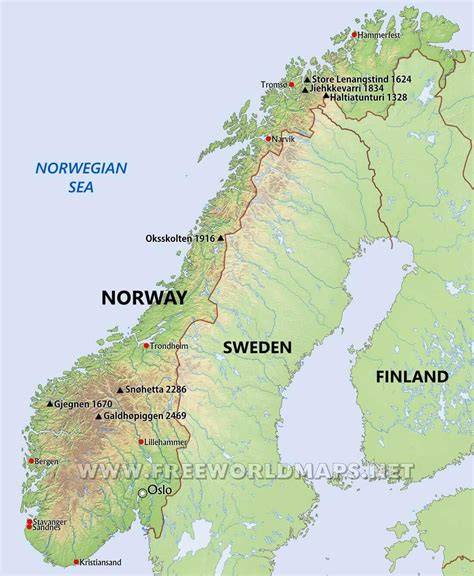 Topografie Noorwegen: fjorden, bergen en gletsjers kaart