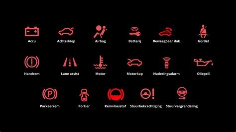 Illustratie van verschillende rode dashboardlampjes met hun symbolen