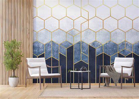 Infographic overzicht: vliesbehang met zeshoeken in blauw, grijs en goud