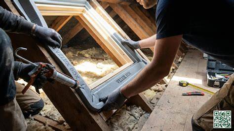Detailfoto: houten framewerk rondom het dakraam en bevestigingspunten