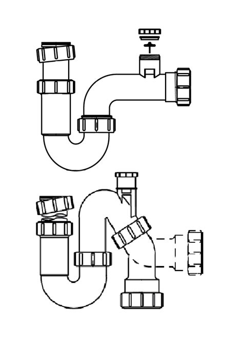 Diagram: Sifon met beluchter en verschillende typen sifons