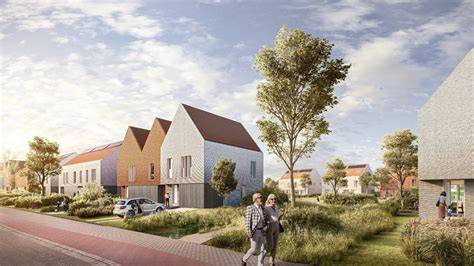 Overzicht van de vernieuwde bebouwing tegen bosomgeving