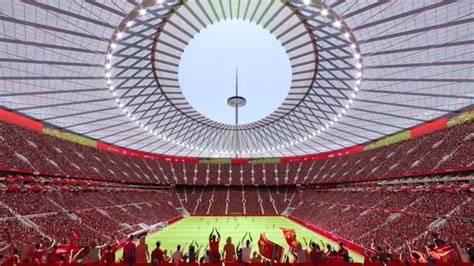 Artist impression van New Trafford met parapluvormig dak en drie masten