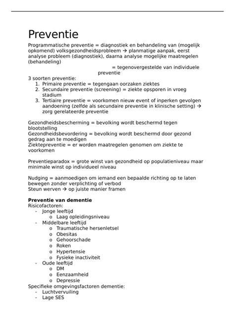 Samenvatting van preventie en acties