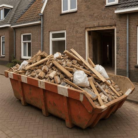 afbeelding van een container voor bouwafval naast een boerderij in verbouwing