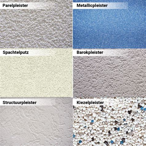 Illustratie van verschillende soorten stucwerk (pleisterwerk, sierpleister, schuurwerk)