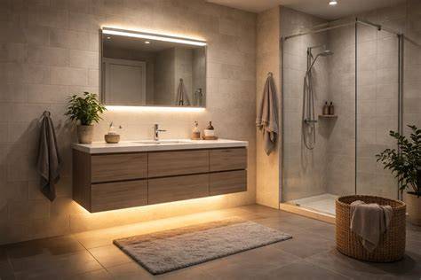 Diagram: Verdeling van basislicht, taaklicht en sfeerverlichting in een badkamer