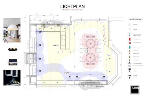 Voorbeeld van een lichtplan voor woonkamer, keuken en hal