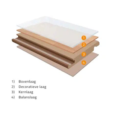 Infographic: constructie en lagen van laminaat (HDF-kern, decorlaag, slijtlaag, onderlaag)