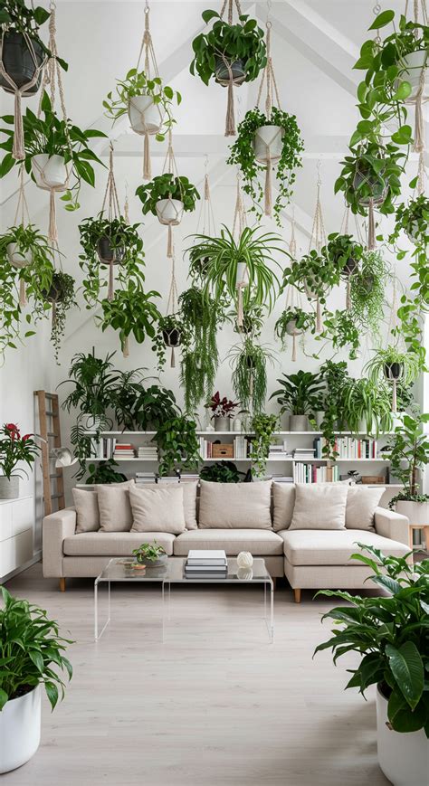 Een sfeervolle woonkamer met diverse hangplanten aan het plafond.