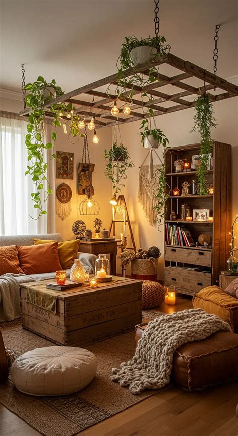 Een houten ladder in een woonkamer met diverse hangplanten.