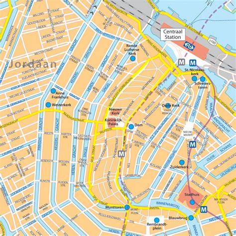 Illustratie kaart van Amsterdam Centrum met grachten en belangrijkste verkeerspunten