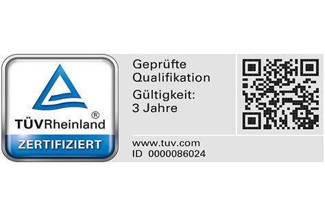 Voorbeeld van het TÜV Rheinland keurmerk met QR-code, zoals te zien op de verpakking of productinformatie.
