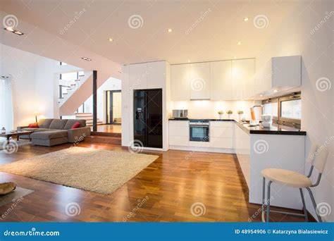 Foto woonkamer met open keuken en loggia