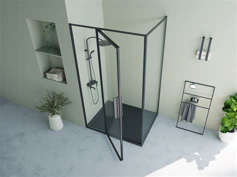 Infographic: overzicht van douchewand 70x120 met draaideur in zwart industrieel
