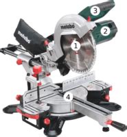 Diagram van een afkortzaag met de belangrijkste onderdelen, zoals het zaagblad, de motor, de aanslag en de lasergeleider.