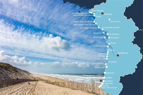 Kaart van de Franse Atlantische kust met markeringen van bekende surfspots zoals Hossegor en Biarritz.