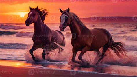 Paarden op het strand - sfeervol fotobehang met gouden zonsondergang en grazende paarden