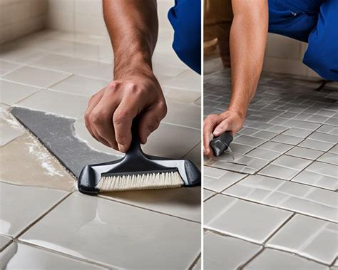 Detailfoto van tegelvoegen die worden aangebracht.