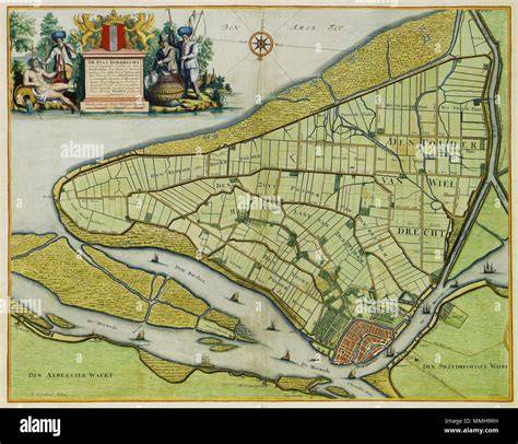Kaart van historisch Dordrecht met havens en wallen