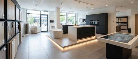 Afbeelding van verschillende keukenbladmaterialen in een showroom