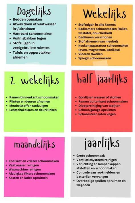 Infographic: Onderhoudsschema voor sierbestrating (wekelijks vegen, maandelijkse reiniging, vakman bij vlekken)
